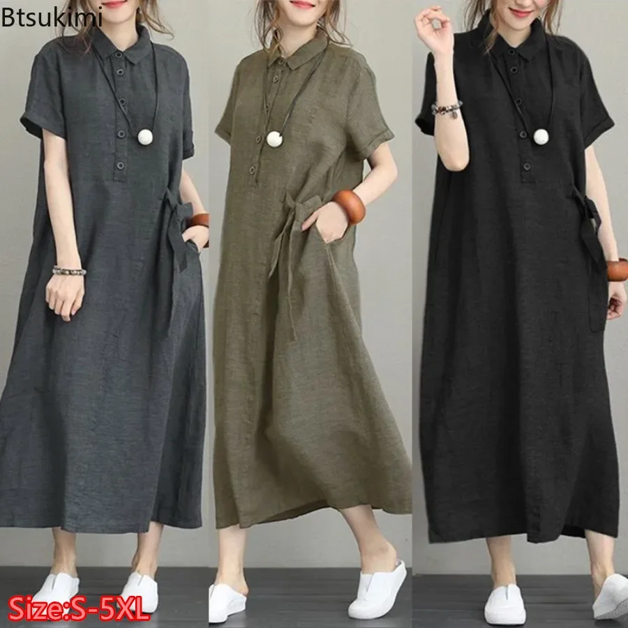 Casual Loose Linen Shirt Dress - 2026 여름 드레스 여성을위한 간단한 빈티지