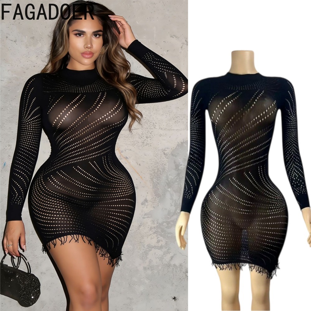 Sexy Mesh Sheer Bodycon Dress - FAGADOER 여성용 섹시한 바디콘 미니 드레스,