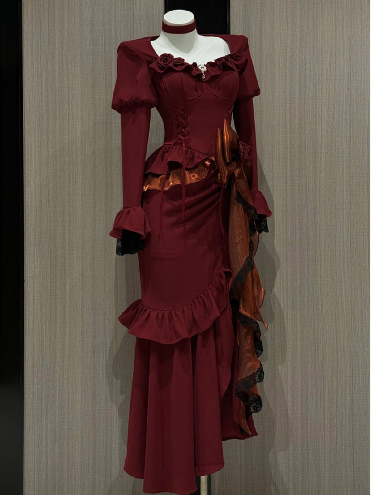 French Vintage Floral Midi Dress - 봄 레드 빈티지 드레스 여성 레이스