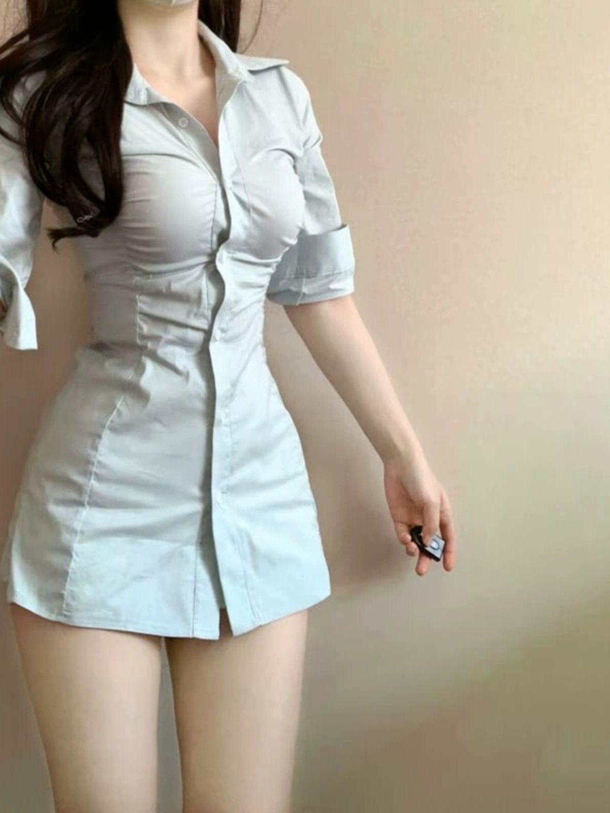 Korean Style A Line Shirt Dress - 섹시한 주름 장식 허리 조절 셔츠