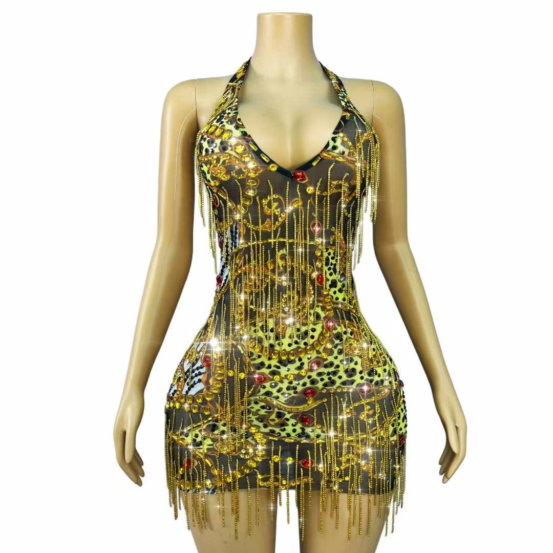 Sparkly Rhinestone Club Party Dress - 반짝이는 골드 라인스톤 체인 바디콘 미니