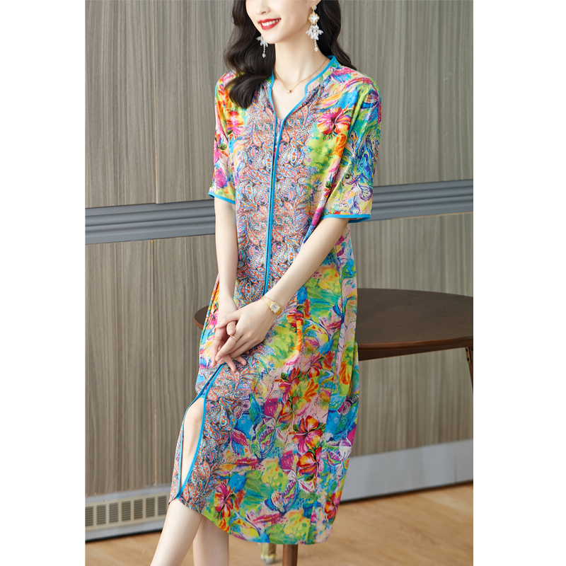 French Vintage Floral Midi Dress - 핑크 꽃 뽕나무 실크 V넥 섹시