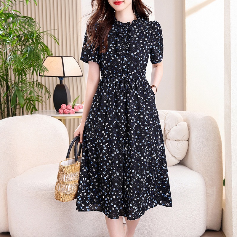 French Vintage Floral Midi Dress - 빈티지 네이비 블루 플로럴 프린트 미디