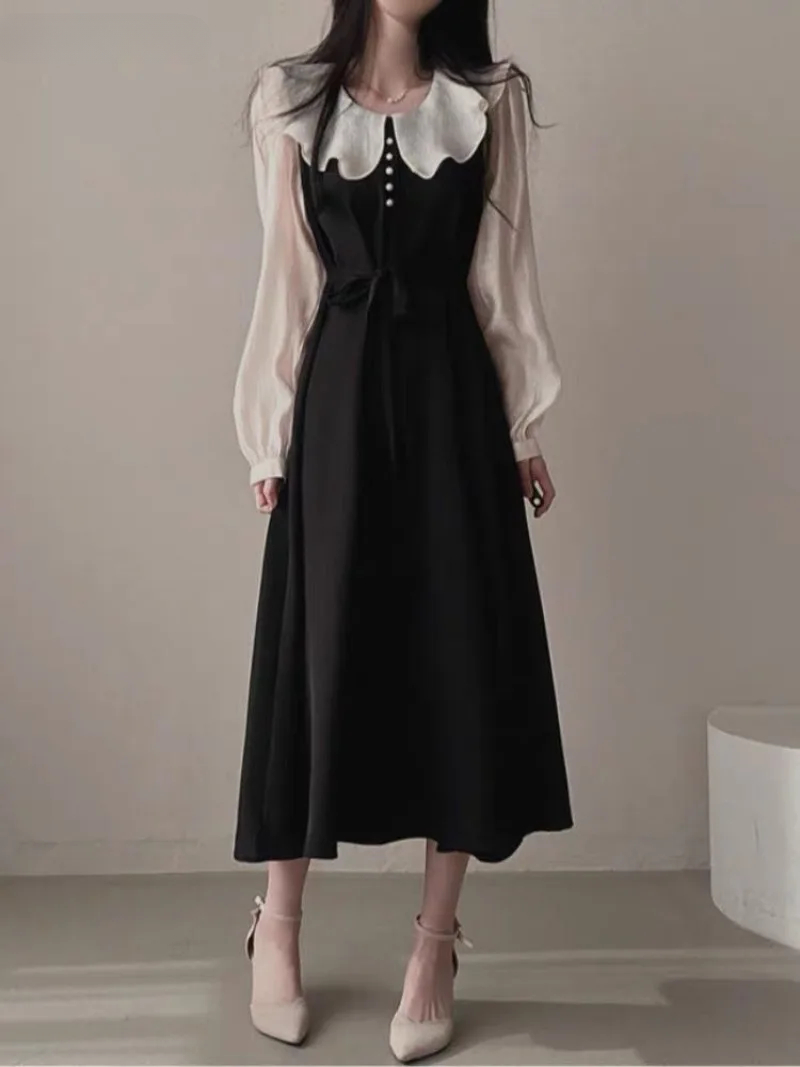 French Vintage Floral Midi Dress - 긴 소매 드레스 여성 프랑스어 빈티지