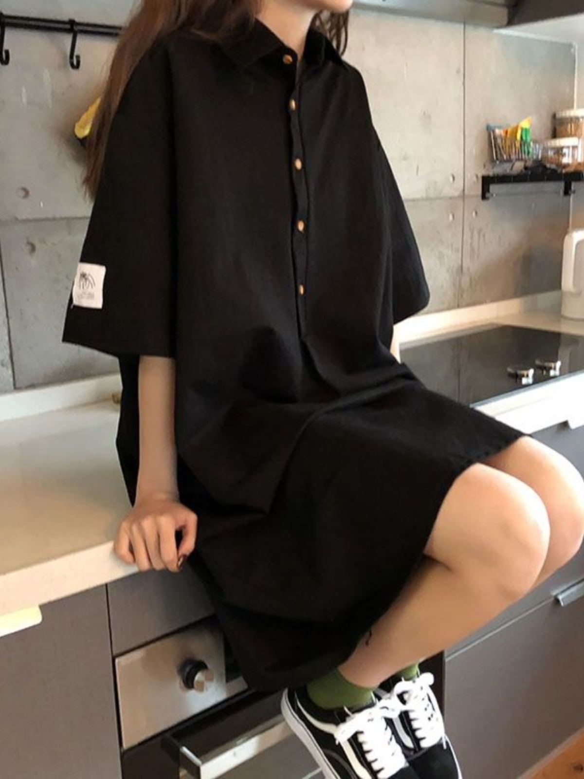 플러스 사이즈 셔츠 드레스 슬리밍 배 커버 중간 길이  - Korean Style A Line Shirt Dress 리뷰 및 가격