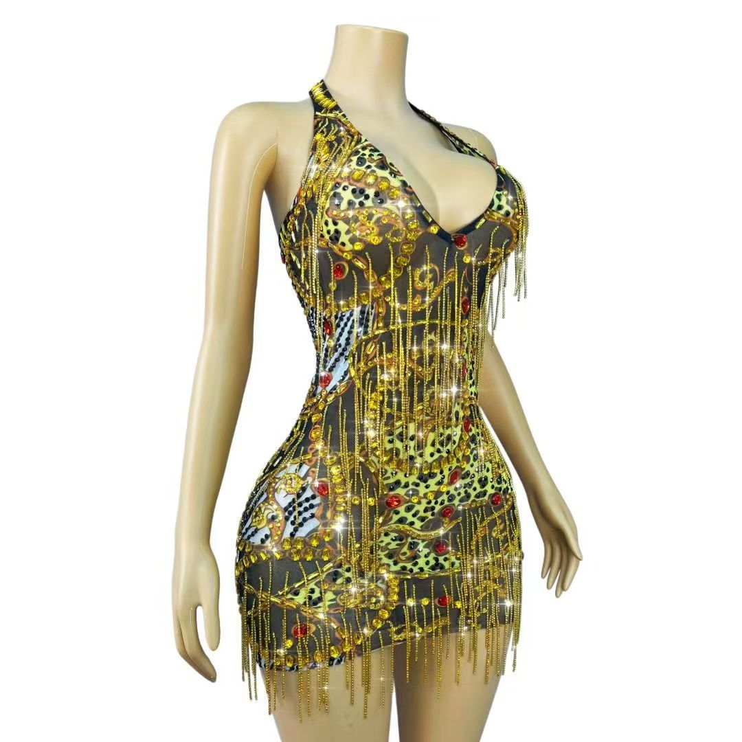 반짝이는 골드 라인스톤 체인 바디콘 미니 드레스, 홀터 - Sparkly Rhinestone Club Party Dress 리뷰 및 가격