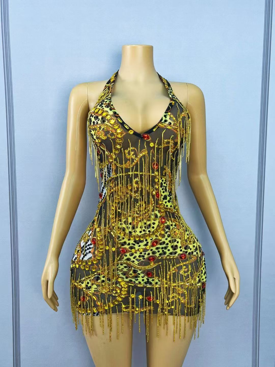 반짝이는 골드 라인스톤 체인 바디콘 미니 드레스, 홀터 - Sparkly Rhinestone Club Party Dress 리뷰 및 가격