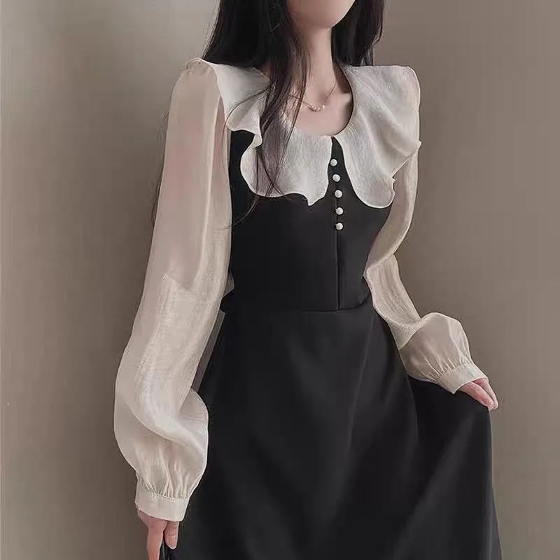 긴 소매 드레스 여성 프랑스어 빈티지 프릴 패치 워크  - French Vintage Floral Midi Dress 리뷰 및 가격