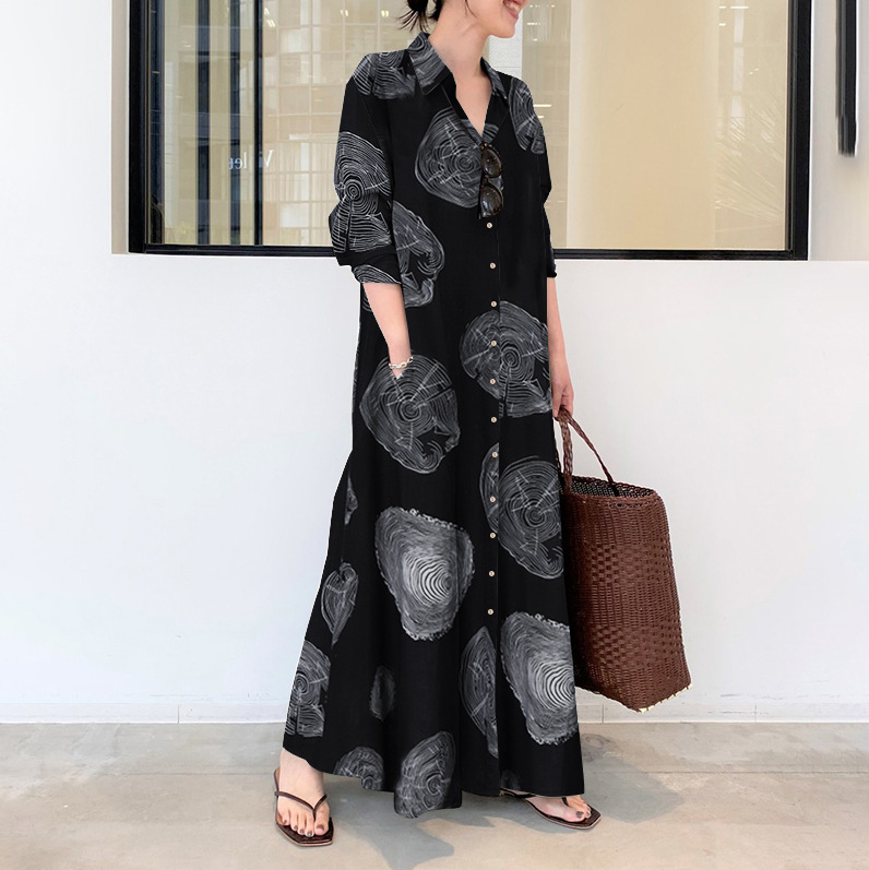 코튼 린넨 프린트 라펠 긴팔 포켓, 심플하고 루즈한 캐 - Casual Loose Linen Shirt Dress 리뷰 및 가격